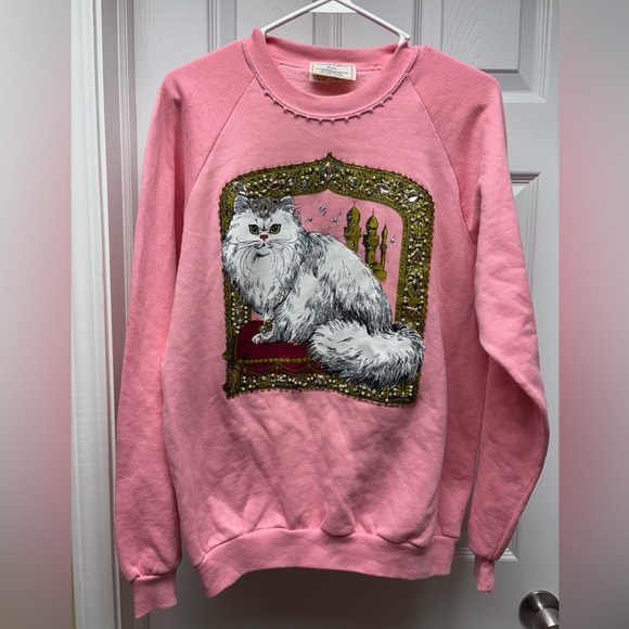 Vintage Pink Cat Sweatshirt Embellished Jewels Pearl Beaded Size L - Picture 1 of 9